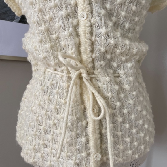 🎉True Vintage ✌️ivory 1970s hippie style button down tie waist knit sweater - Picture 5 of 12